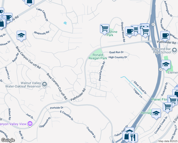 map of restaurants, bars, coffee shops, grocery stores, and more near 2280 Pointer Drive in Walnut