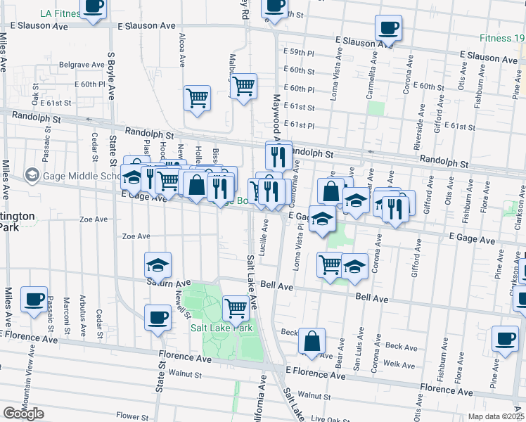 map of restaurants, bars, coffee shops, grocery stores, and more near 3500 Gage Avenue in Bell