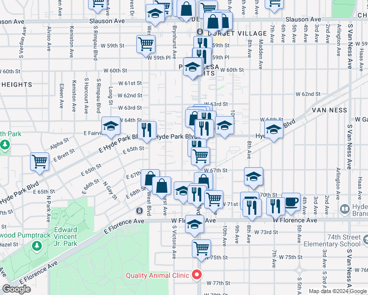 map of restaurants, bars, coffee shops, grocery stores, and more near 6536 South Victoria Avenue in Los Angeles