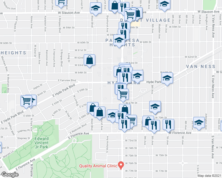 map of restaurants, bars, coffee shops, grocery stores, and more near 6536 South Victoria Avenue in Los Angeles