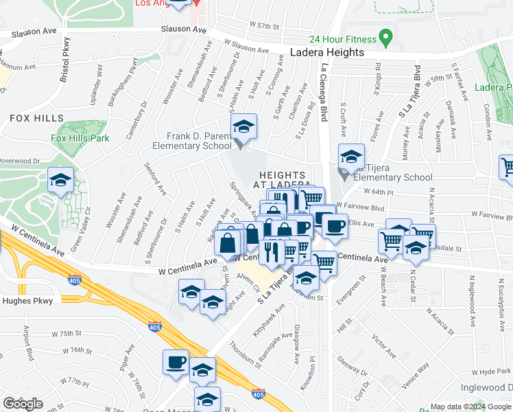 map of restaurants, bars, coffee shops, grocery stores, and more near 6625 South Springpark Avenue in Los Angeles