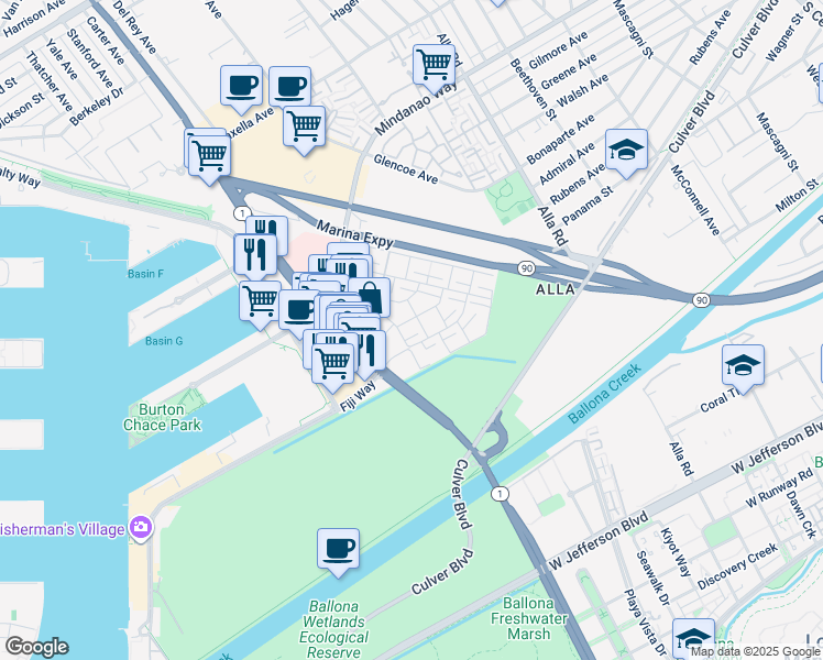 map of restaurants, bars, coffee shops, grocery stores, and more near 13249 Fiji Way in Marina del Rey