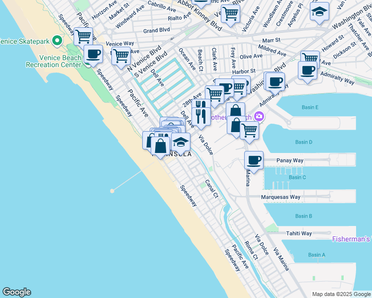 map of restaurants, bars, coffee shops, grocery stores, and more near 3115 Strongs Drive in Marina del Rey