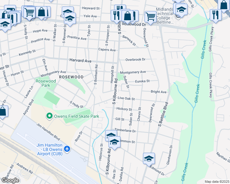 map of restaurants, bars, coffee shops, grocery stores, and more near 827 South Kilbourne Road in Columbia