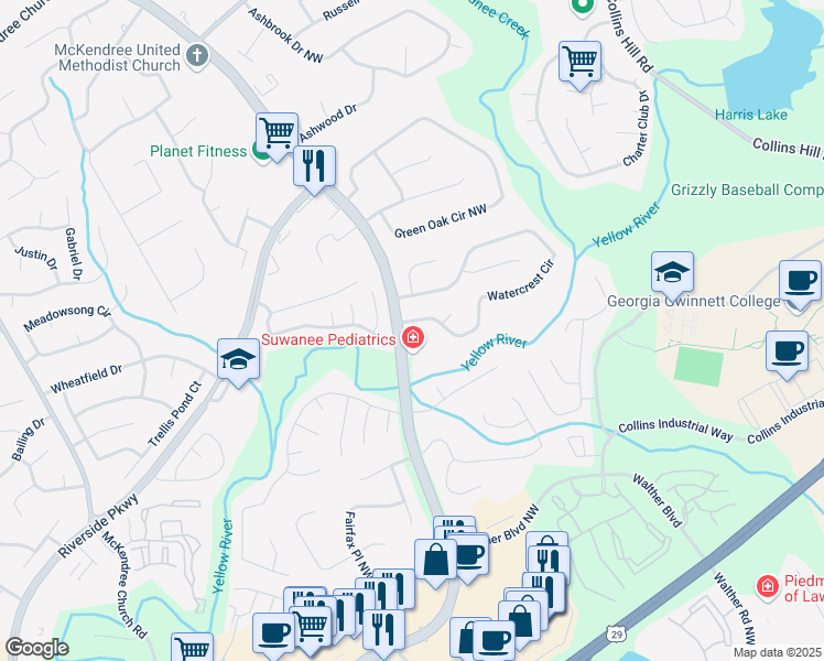 map of restaurants, bars, coffee shops, grocery stores, and more near 1265 Watercrest Circle in Lawrenceville