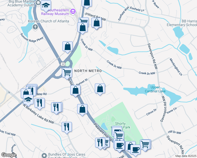 map of restaurants, bars, coffee shops, grocery stores, and more near 2957 Sunset Street in Duluth
