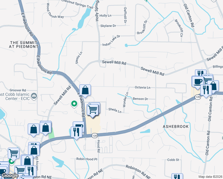 map of restaurants, bars, coffee shops, grocery stores, and more near 2610 Octavia Lane in Marietta