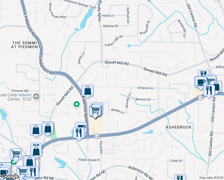 map of restaurants, bars, coffee shops, grocery stores, and more near 2600 Octavia Lane in Marietta