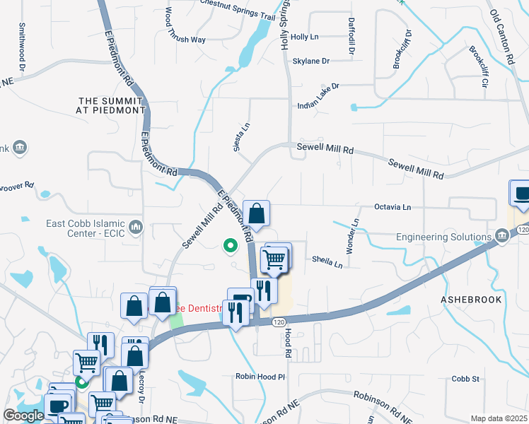 map of restaurants, bars, coffee shops, grocery stores, and more near 2506 Octavia Lane in Marietta