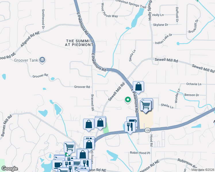 map of restaurants, bars, coffee shops, grocery stores, and more near 2391 Monte Villa Courts in Marietta