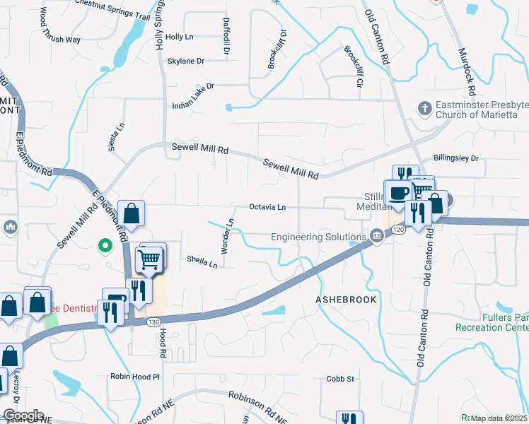 map of restaurants, bars, coffee shops, grocery stores, and more near 2756 Octavia Lane in Marietta