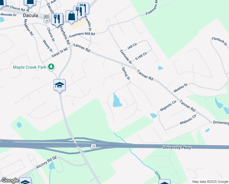 map of restaurants, bars, coffee shops, grocery stores, and more near 2700 Spring St in Dacula