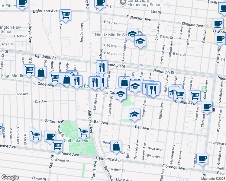 map of restaurants, bars, coffee shops, grocery stores, and more near 3579 Gage Avenue in Bell