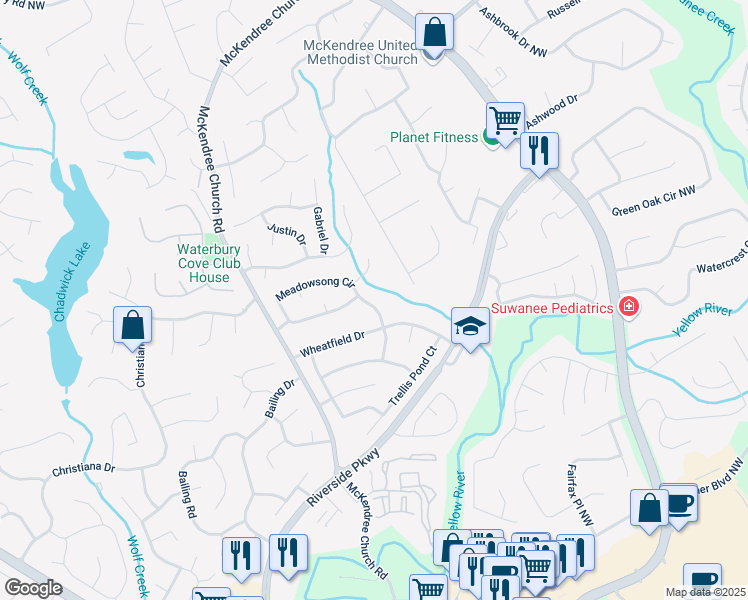 map of restaurants, bars, coffee shops, grocery stores, and more near 1070 Meadowsong Circle in Lawrenceville