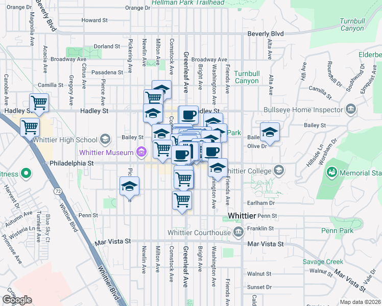 map of restaurants, bars, coffee shops, grocery stores, and more near 6745 Bright Avenue in Whittier