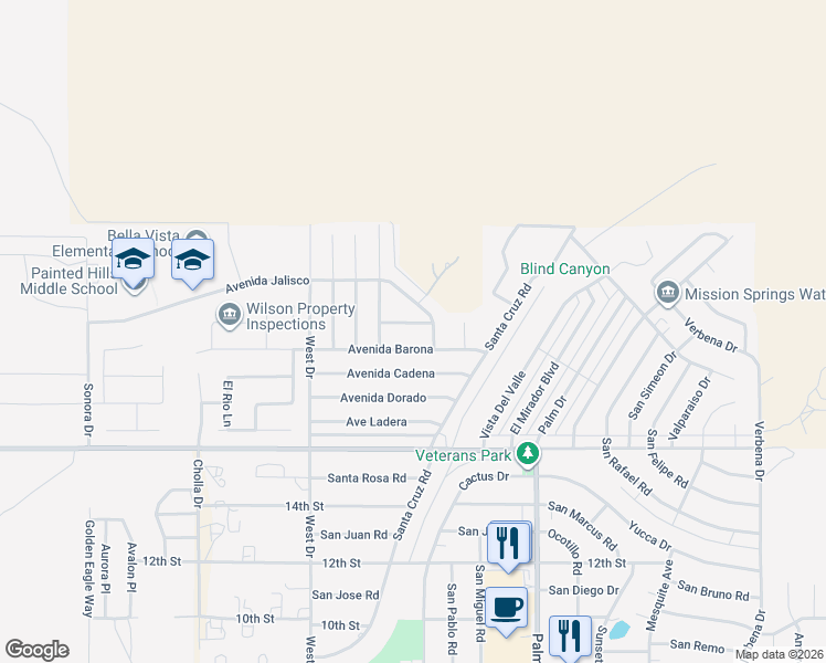 map of restaurants, bars, coffee shops, grocery stores, and more near 66235 Avenue Suenos in Desert Hot Springs