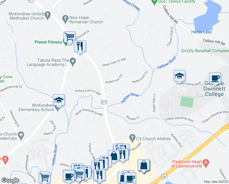 map of restaurants, bars, coffee shops, grocery stores, and more near 1335 Watercrest Circle in Lawrenceville