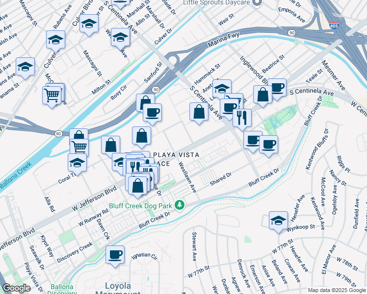 map of restaurants, bars, coffee shops, grocery stores, and more near 12555 West Jefferson Boulevard in Los Angeles