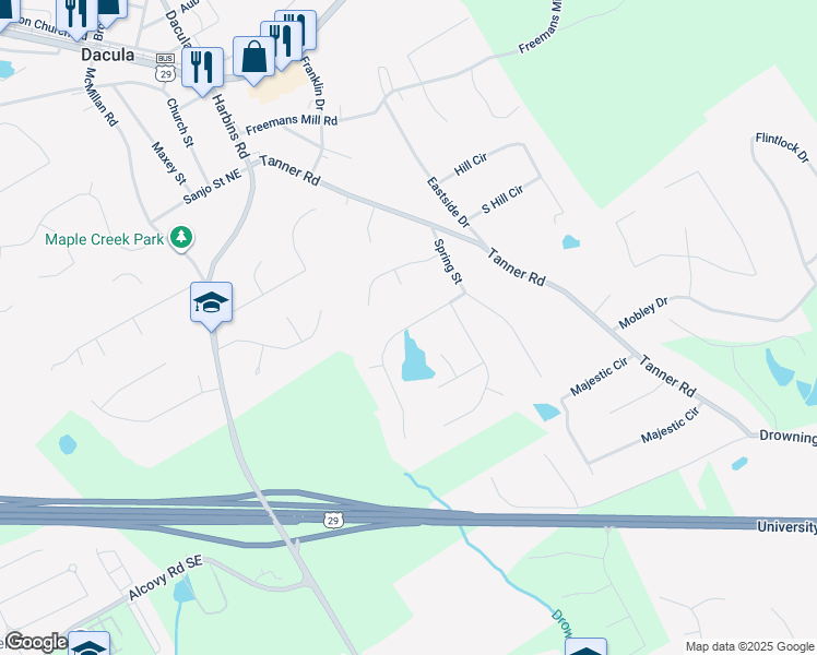 map of restaurants, bars, coffee shops, grocery stores, and more near Spring Street in Dacula
