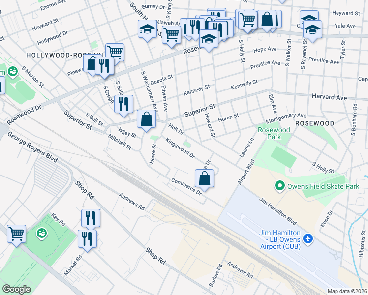 map of restaurants, bars, coffee shops, grocery stores, and more near 2302 Kingswood Drive in Columbia