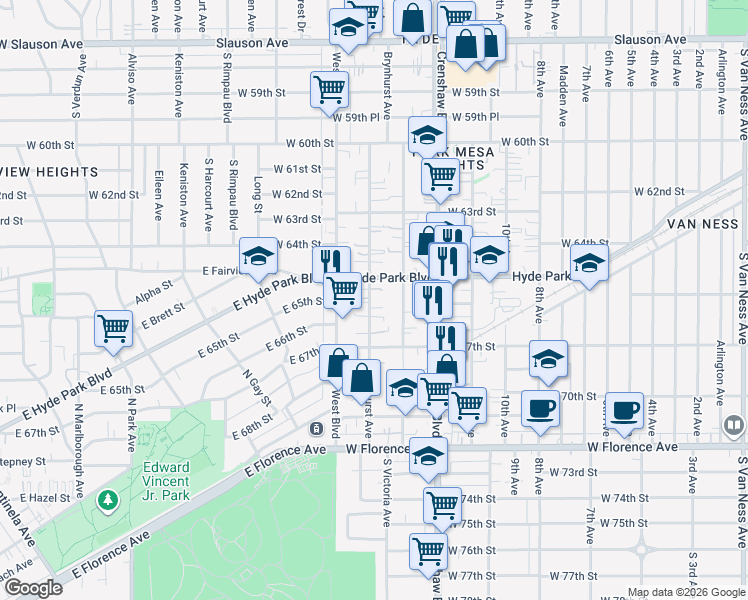map of restaurants, bars, coffee shops, grocery stores, and more near 6532 Brynhurst Avenue in Los Angeles