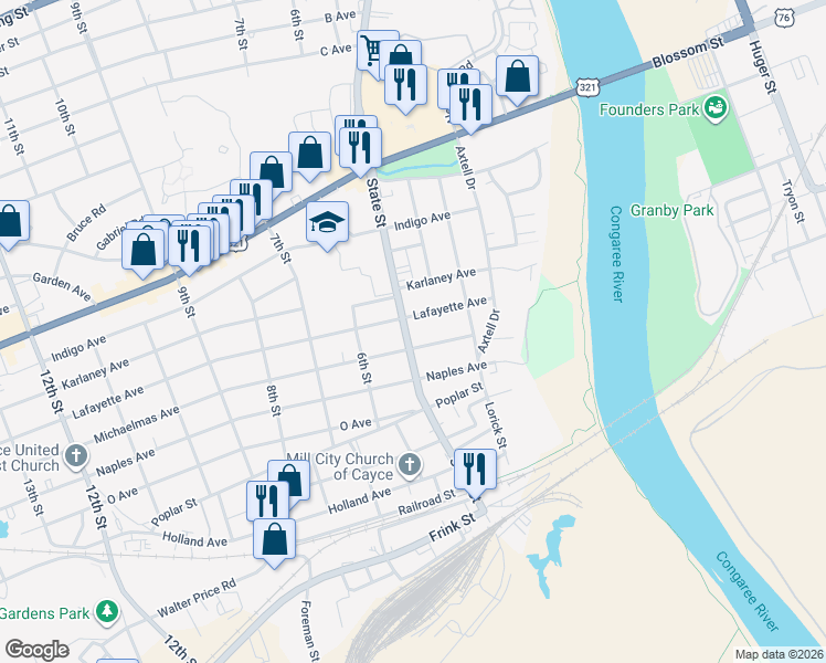 map of restaurants, bars, coffee shops, grocery stores, and more near 414 M Avenue in Cayce