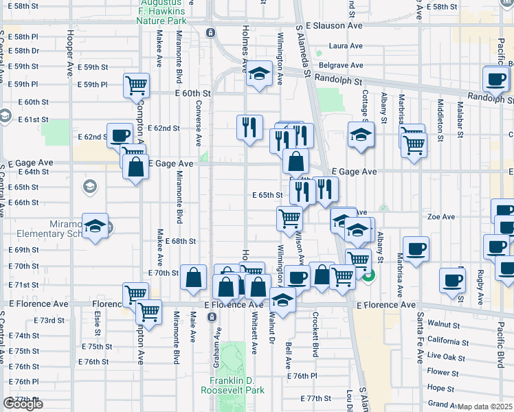 map of restaurants, bars, coffee shops, grocery stores, and more near 1822 East 66th Street in Los Angeles