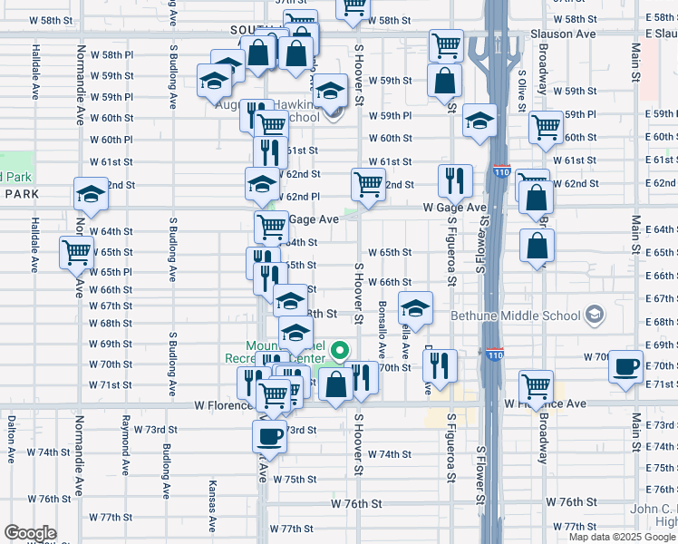 map of restaurants, bars, coffee shops, grocery stores, and more near 822 West 65th Street in Los Angeles