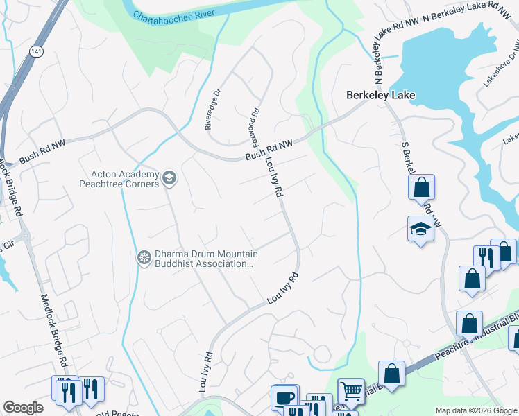 map of restaurants, bars, coffee shops, grocery stores, and more near 4746 Westchester Court in Duluth