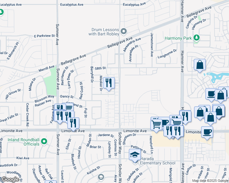 map of restaurants, bars, coffee shops, grocery stores, and more near 5979 Ginger Drive in Eastvale