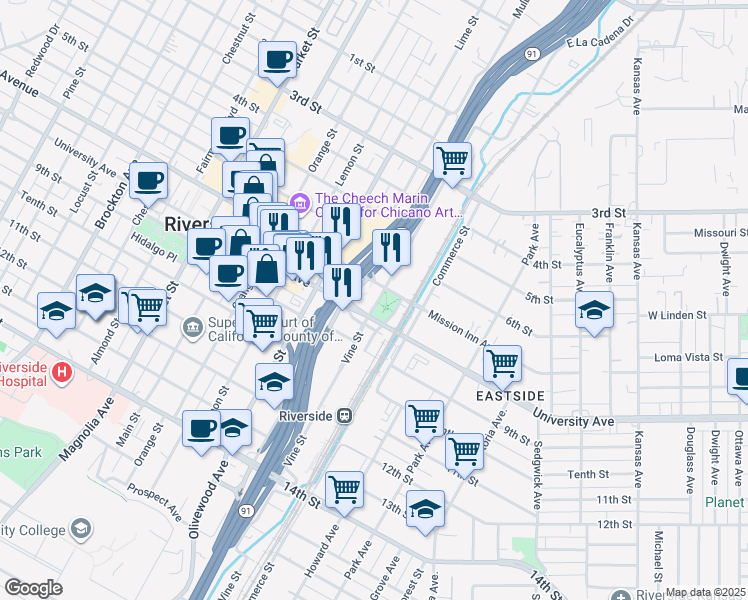 map of restaurants, bars, coffee shops, grocery stores, and more near 3204 Mission Inn Avenue in Riverside