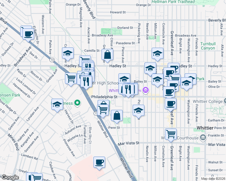 map of restaurants, bars, coffee shops, grocery stores, and more near 12227 Philadelphia Street in Whittier