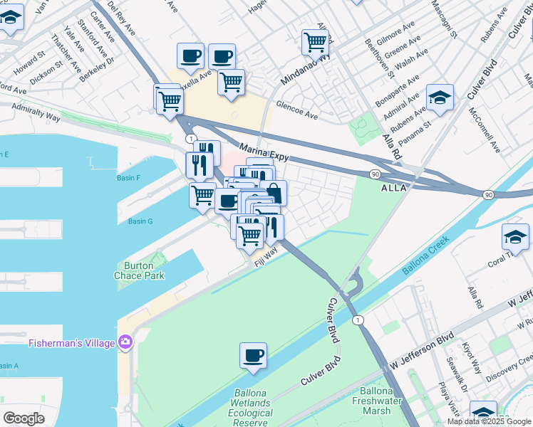 map of restaurants, bars, coffee shops, grocery stores, and more near 4750 Lincoln Boulevard in Marina del Rey
