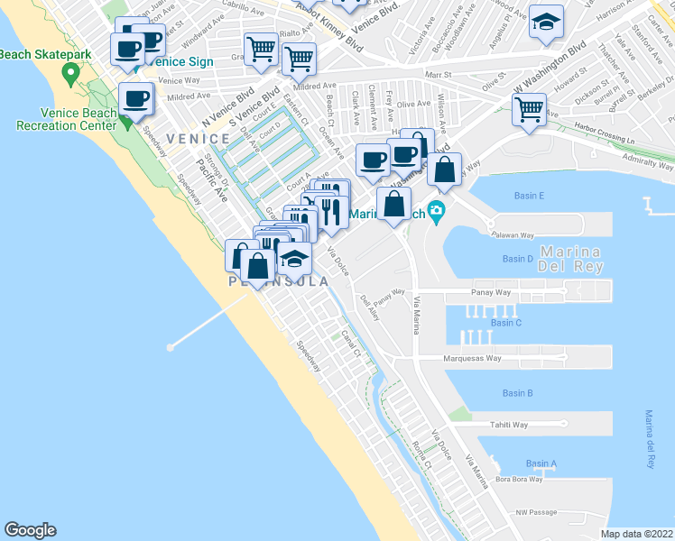 map of restaurants, bars, coffee shops, grocery stores, and more near 3405 Via Dolce in Marina del Rey