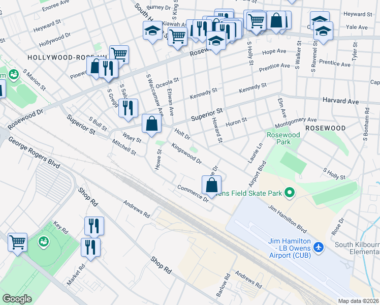 map of restaurants, bars, coffee shops, grocery stores, and more near 2302 Kingswood Drive in Columbia