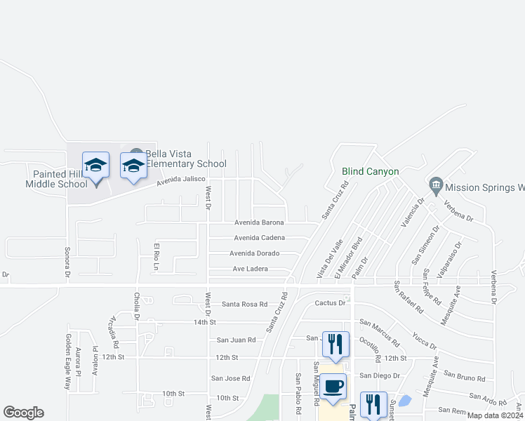 map of restaurants, bars, coffee shops, grocery stores, and more near 66199 Avenue Suenos in Desert Hot Springs