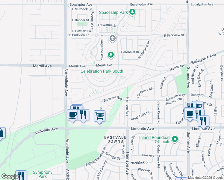 map of restaurants, bars, coffee shops, grocery stores, and more near 2980 East Arbor Lane in Ontario