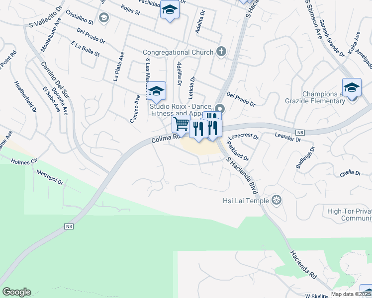 map of restaurants, bars, coffee shops, grocery stores, and more near 3270 White Cloud Drive in Hacienda Heights