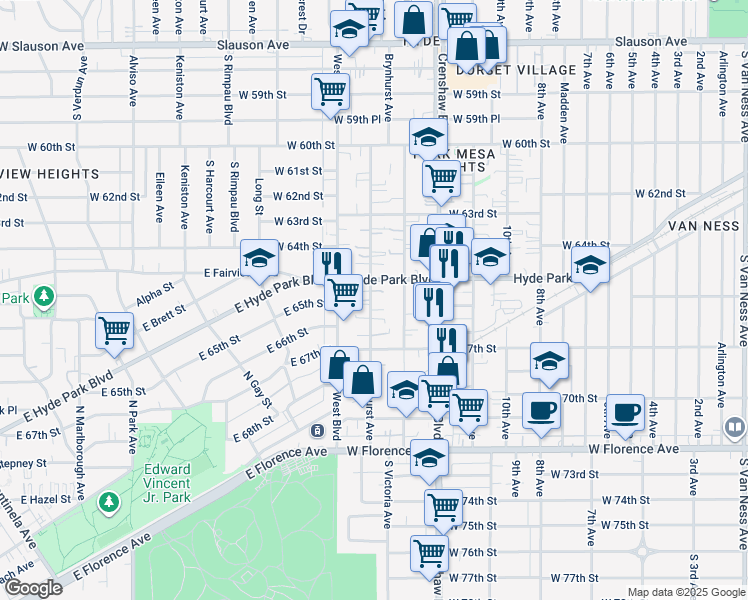 map of restaurants, bars, coffee shops, grocery stores, and more near 6522 Brynhurst Avenue in Los Angeles