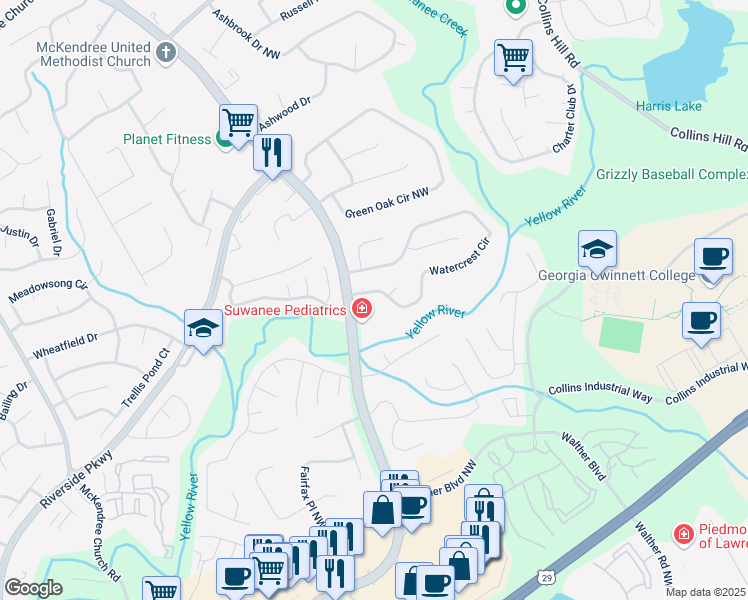 map of restaurants, bars, coffee shops, grocery stores, and more near 1165 Lawrenceville-Suwanee Road in Lawrenceville