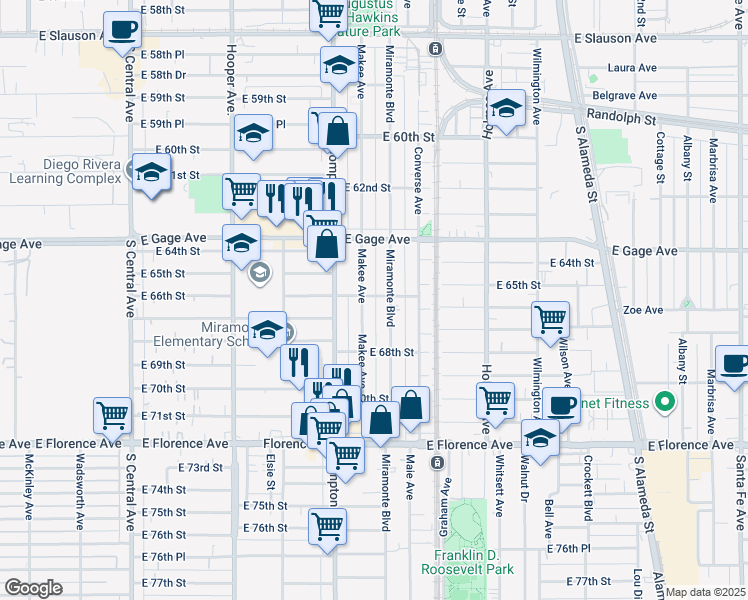 map of restaurants, bars, coffee shops, grocery stores, and more near 1560 East 66th Street in Los Angeles