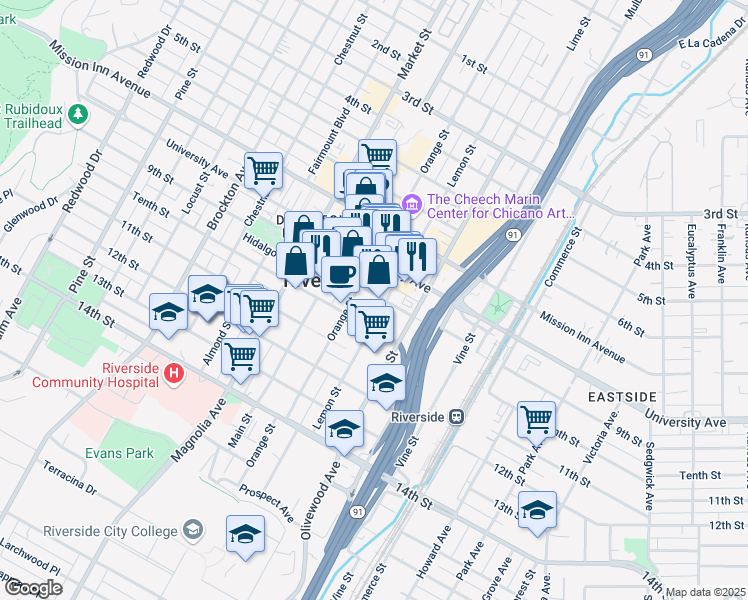 map of restaurants, bars, coffee shops, grocery stores, and more near 3929 Lemon Street in Riverside