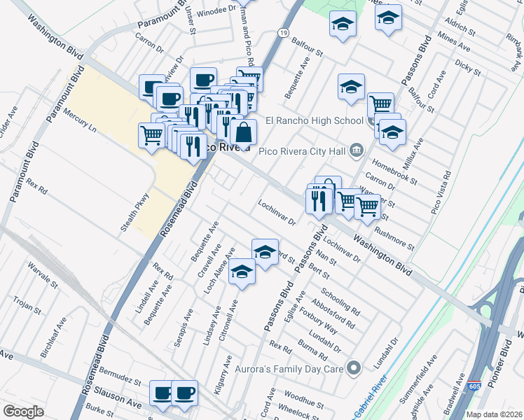 map of restaurants, bars, coffee shops, grocery stores, and more near 9210 Lochinvar Drive in Pico Rivera