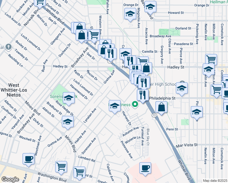 map of restaurants, bars, coffee shops, grocery stores, and more near 11713 Rincon Drive in Whittier