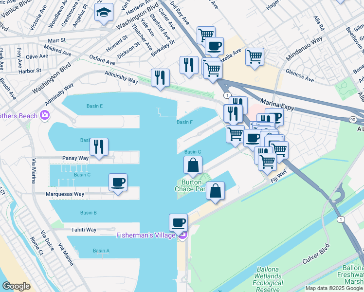 map of restaurants, bars, coffee shops, grocery stores, and more near 13534 Bali Way in Marina del Rey
