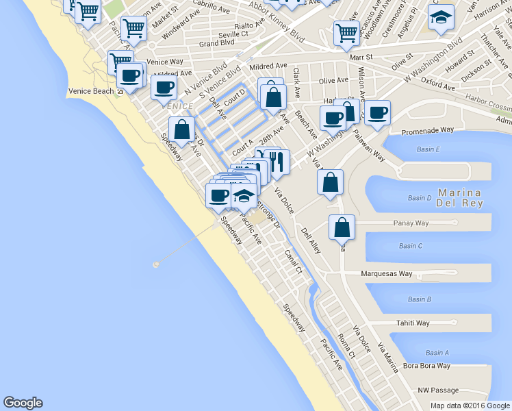 map of restaurants, bars, coffee shops, grocery stores, and more near 3109 Strongs Drive in Marina del Rey