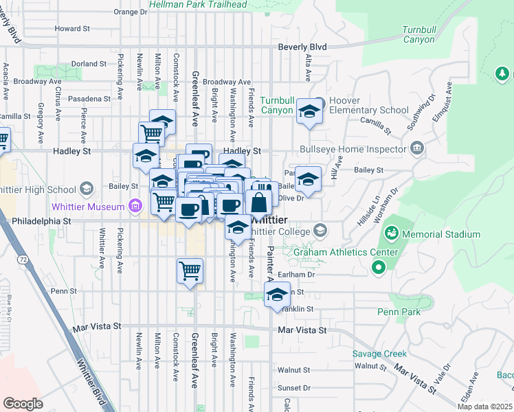 map of restaurants, bars, coffee shops, grocery stores, and more near 6732 Friends Avenue in Whittier