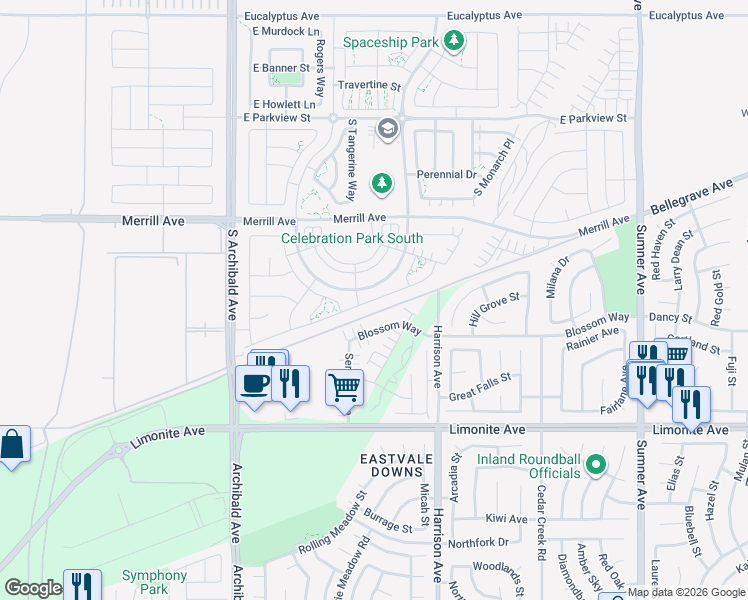 map of restaurants, bars, coffee shops, grocery stores, and more near 2980 East Arbor Lane in Ontario