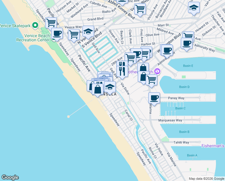 map of restaurants, bars, coffee shops, grocery stores, and more near 3109 Strongs Drive in Marina del Rey
