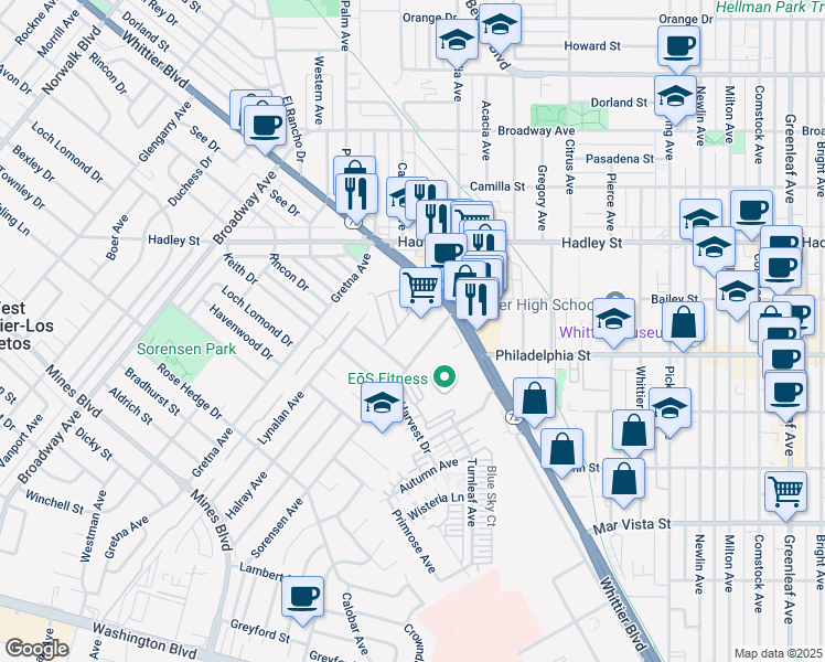 map of restaurants, bars, coffee shops, grocery stores, and more near 11760 Whittier Boulevard in Whittier